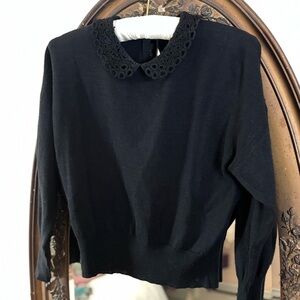 Vintage 1950s Black Wool Lace Peter Pan Collar Sweater